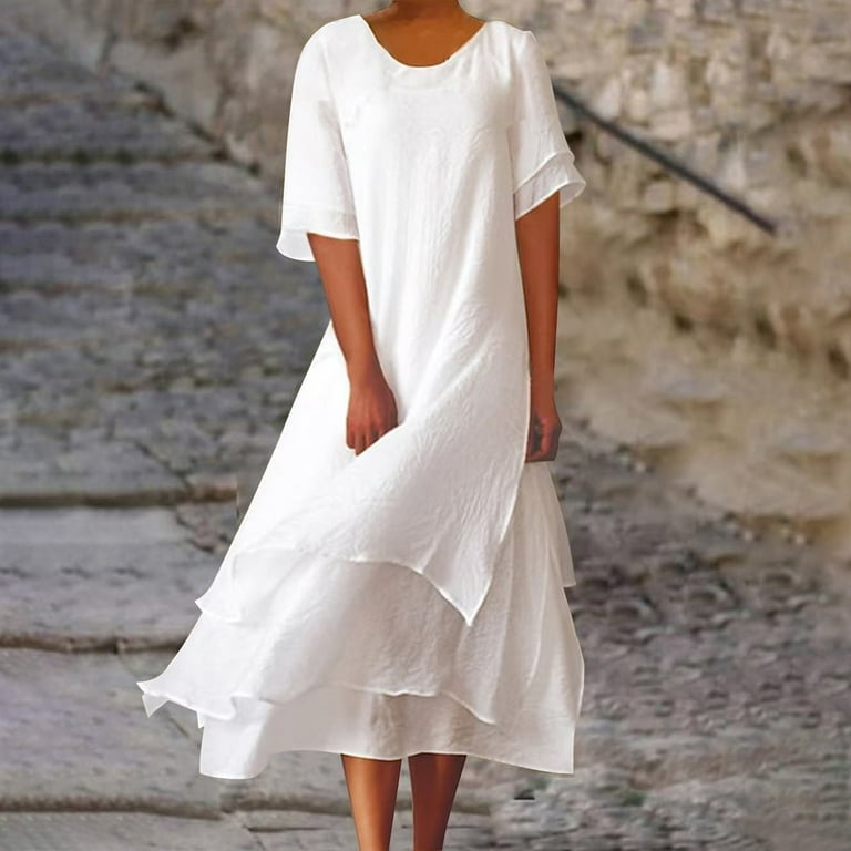 XVJRHAK Petite Maxi Dresses for Women Petite Length Women's Solid Round  Neck Buttonless Cotton And Linen Irregular Flowing Hem Long Casual Dress  Mid-Length(White,XXL) - Walmart.com