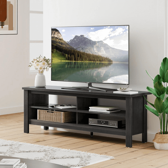 Farmhouse TV Stand for 55 Inch TV, Black Wood TV Cabinet for 55-60 inch TV with 4 Cubby for Living Room Bedroom, 60 inch