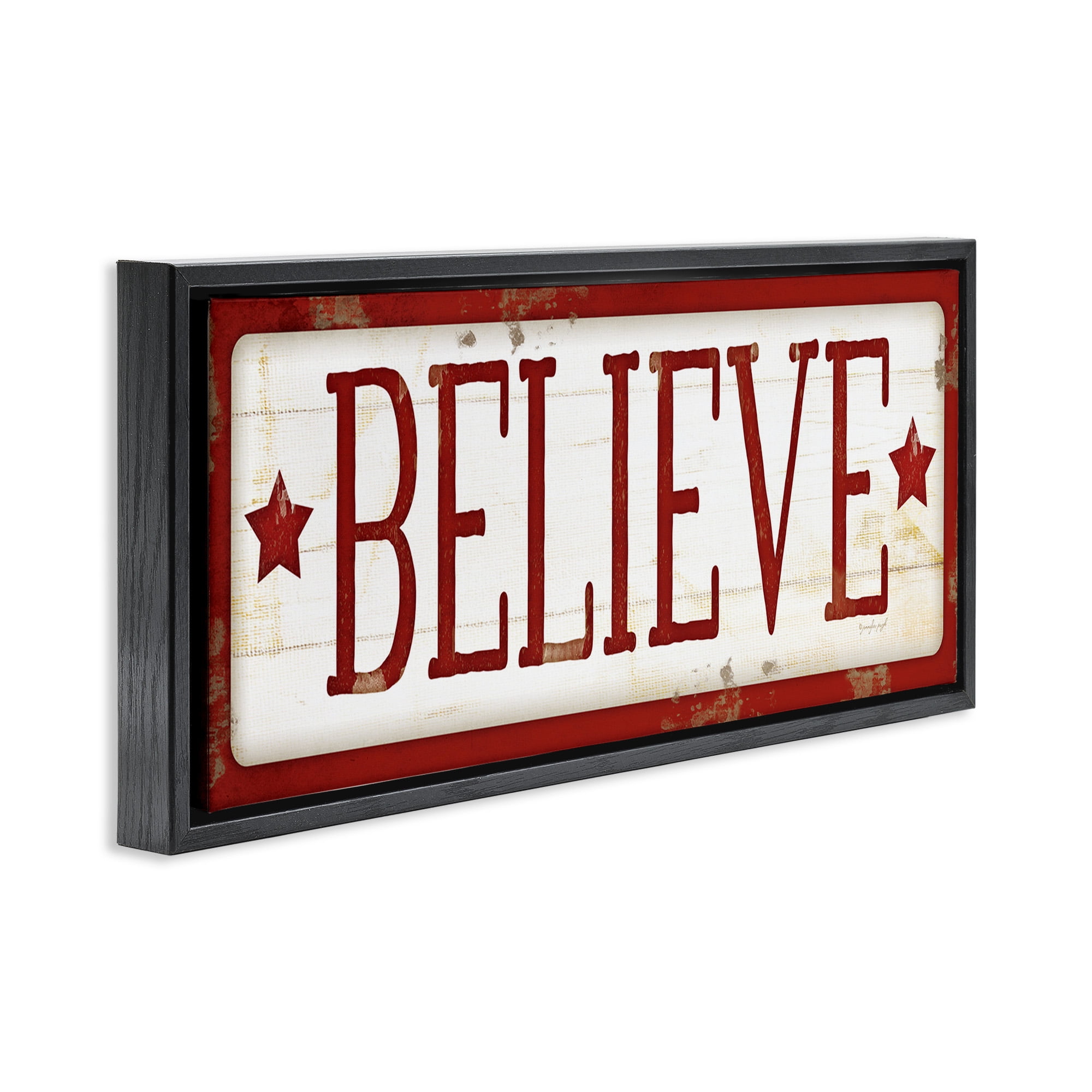 Stupell Industries Believe Red Christmas Phrase Holiday Painting Black Floater Framed Canvas Art Print Wall Art, 25 x 11