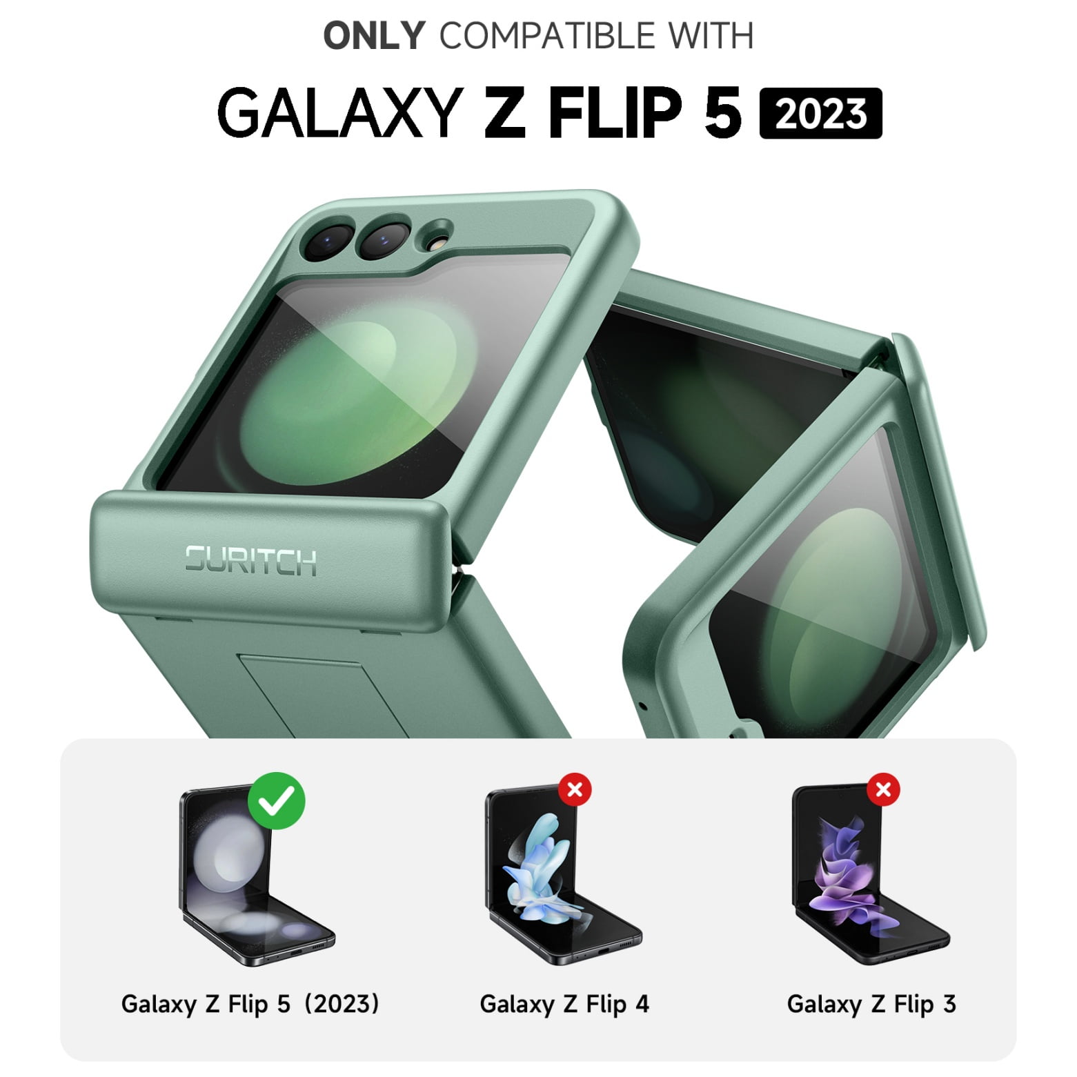 Suritch Cell Phone Case for Samsung Galaxy Z Flip 5 with Built-in Screen Protector and Kickstand, Green