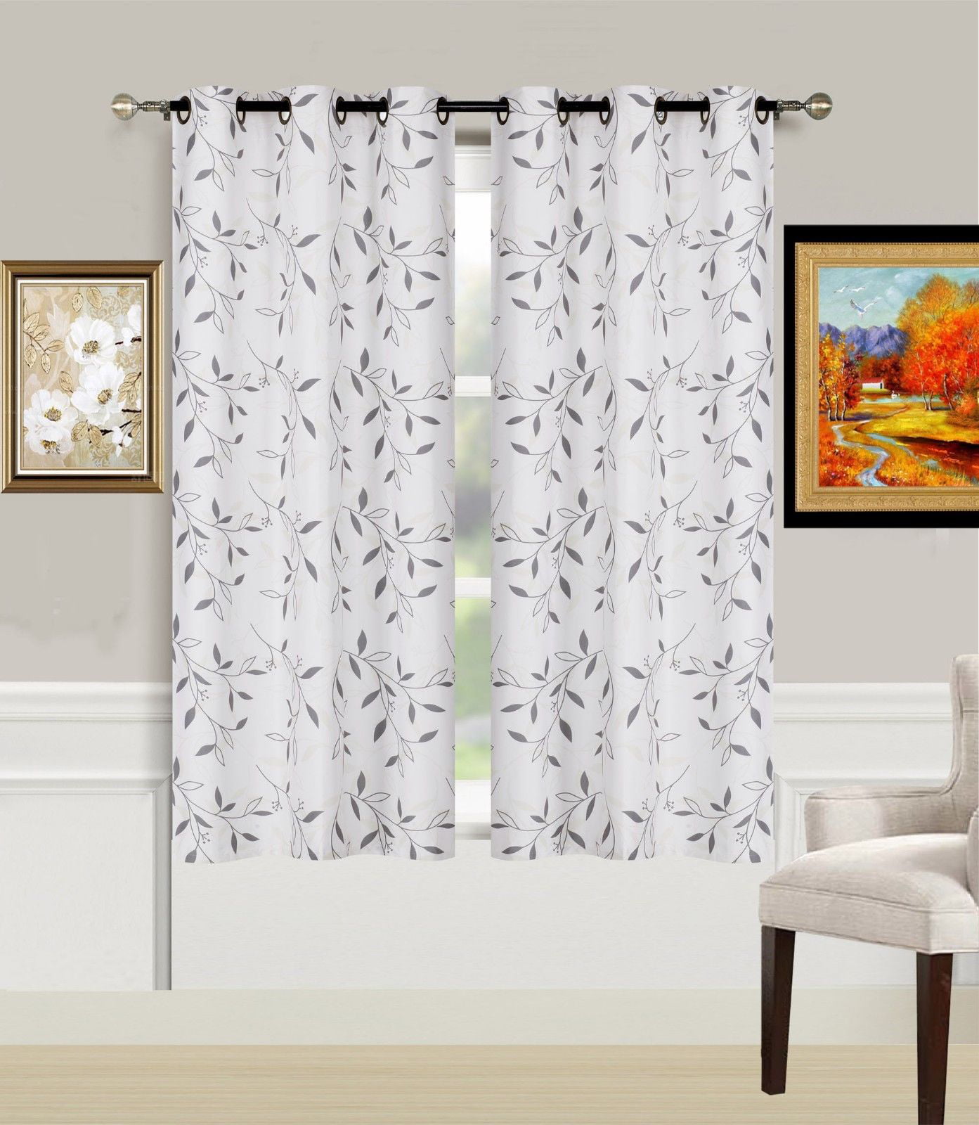 2-Piece Leaf Silver Printed Lined Blackout Grommet Window Curtain