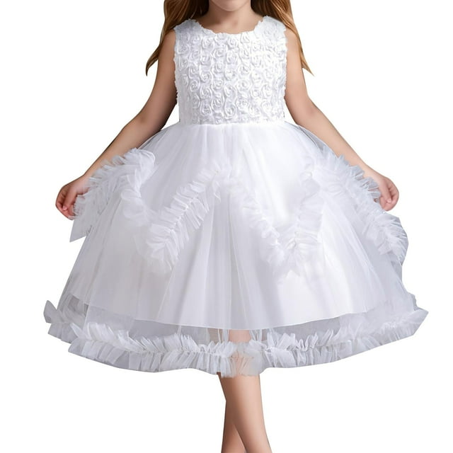 Robes Décontractées pour Tout-Petites Filles, Couleur Unie, Maille Irrégulière en Dentelle, Col Rond, Sans Manches, Longueur Genou, Robe de Princesse Bouffante pour Mariage, Vêtement d'Extérieur, Blanc, 3-4 Ans