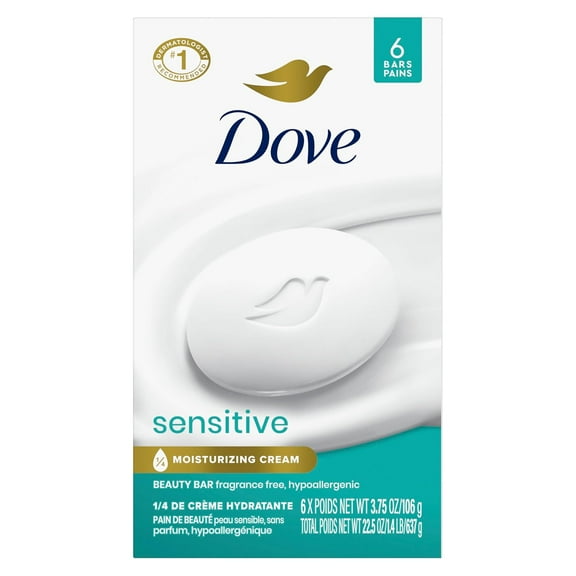 2 pack Dove Beauty Bar Soap Sensitive, 6 Bars for Sensitive Skin, Fragrance Free and Hypoallergenic 3.75 oz