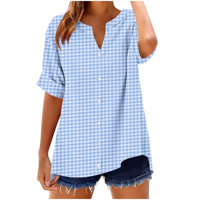 Camisetas Casuales de las Mujeres con Cuello en V Manga Corta Suelta de Verano de Moda Botón Impreso Camiseta