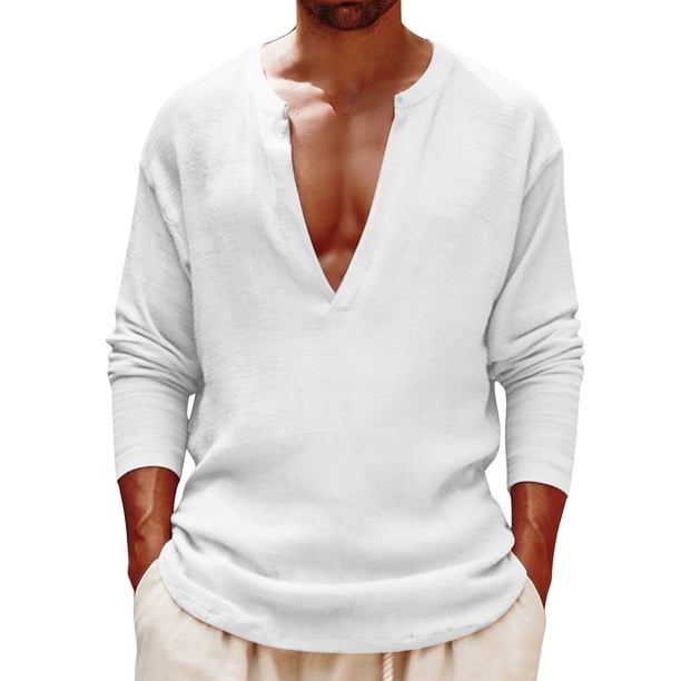 Camisetas de Cuello en V de Manga Larga para las Mujeres Color Sólido Mezcla de Lino Casual Blusa Suelta, Camisetas de Manga Larga para las Mujeres Suelta Ajuste Primavera Verano