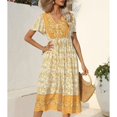 thumbnail image 3 of Defitshape Women's Casual Dresses Summer Dress Floral Boho Hippie Long V Neck Short Sleeve High Waist Fall Elegant Sundress Yellow Large, 3 of 4