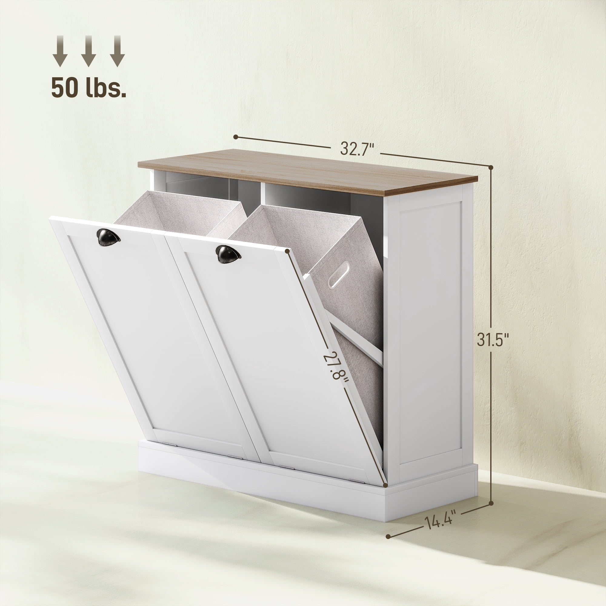 HOQBN Dual Tilt out Laundry Hamper Cabinet with 2 Removable Basket, Modern Bathroom Storage Cabinet with Shaker Doors and Handles, White