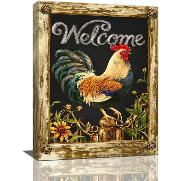 Farmhouse Chicken Wall Art Rustic Farm Rooster Pictures Wall Decor Country Canvas Painting Modern Artwork Home for Kitchen Office Framed 12"x16"