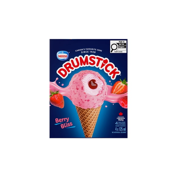 DRUMSTICK Berry Bliss Cone, Strawberry Frozen Dessert, White Chocolatey Coating, 4 x 125 ml