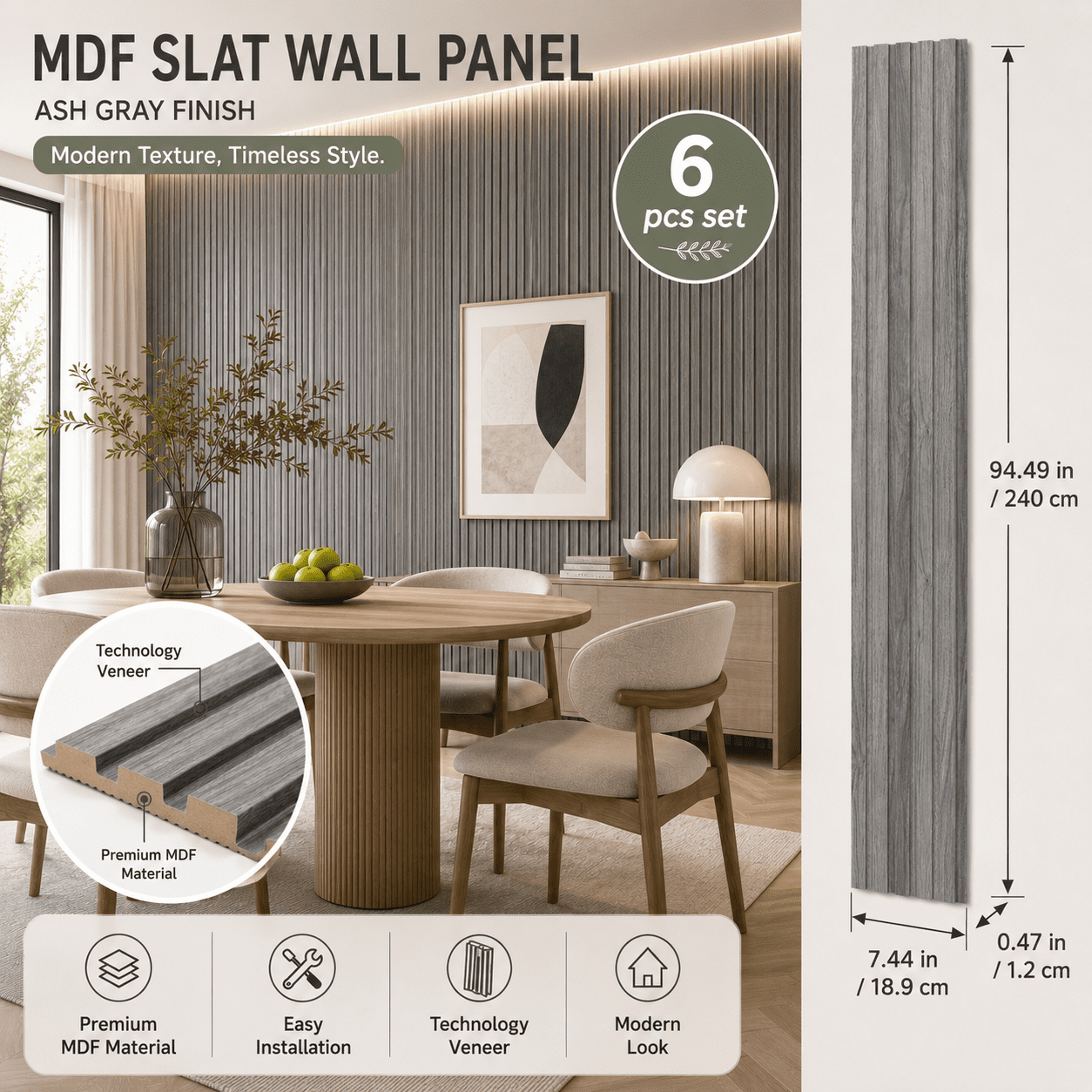Yeslife 6 pcs Slat Wall Panels, 94.49 x 7.44 in, Ash MDF, 3D Decorative Design for Interior Walls and Ceilings