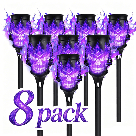 8 Pack Purple Solar Halloween Lights, Solar Torch Lights with Flickering Flame for Garden Decor, Waterproof Outdoor Lighting for Yard Patio Garden