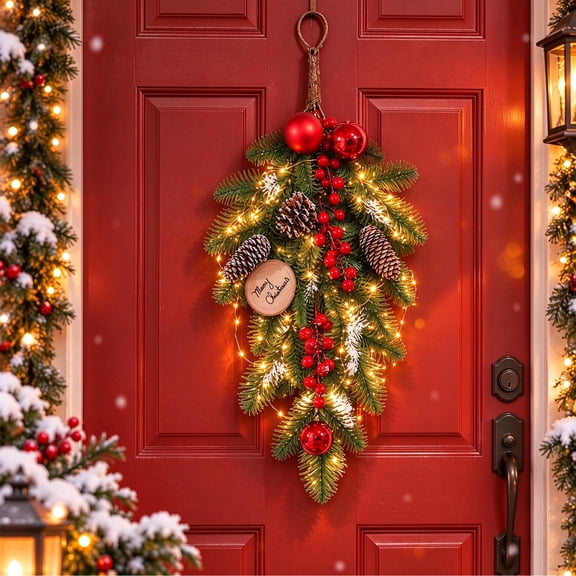 Artificial Christmas Swag, 19.68In Christmas Teardrop Swags with Ball, Red Berries and Pinecone, Faux Greenery Xmas Pendant for Mantel Christmas Front Door Wall Window Home Decor