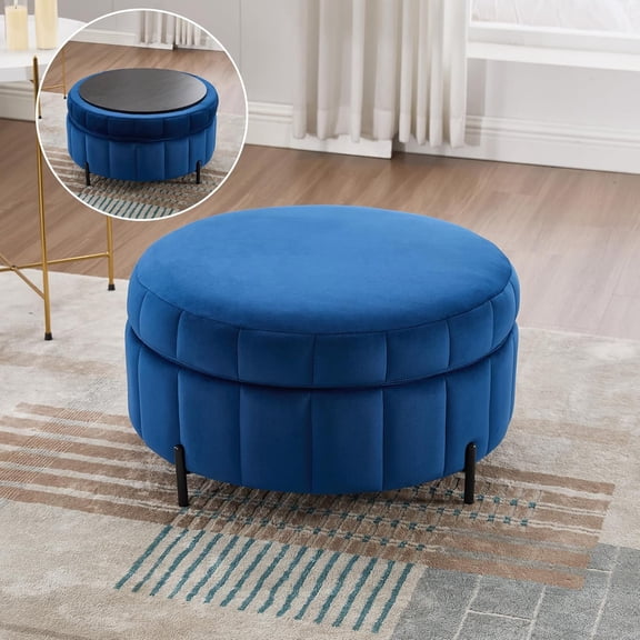 mikibama 31.5" W Round Storage Ottoman for Living Room,Modern Velvet Upholstered Coffee Table with Storage, Channel Tufted Ottomans Foot Rest with Metal Legs (Navy Blue, 31.5")