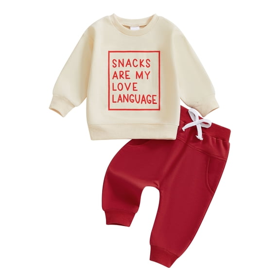 Toddler Baby Boy Valentines Day Outfit Snacks Are My Love Language Long Sleeve Sweatshirt and Pants Spring Fall Clothes Set