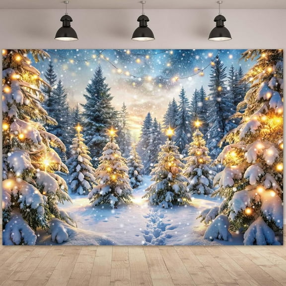 Christmas Winter Backdrop Glitter Snowy Forest Pine Tree Scene Photography Background Xmas Holiday Happy New Year Family Party Decorations Banner Photo Booth Props