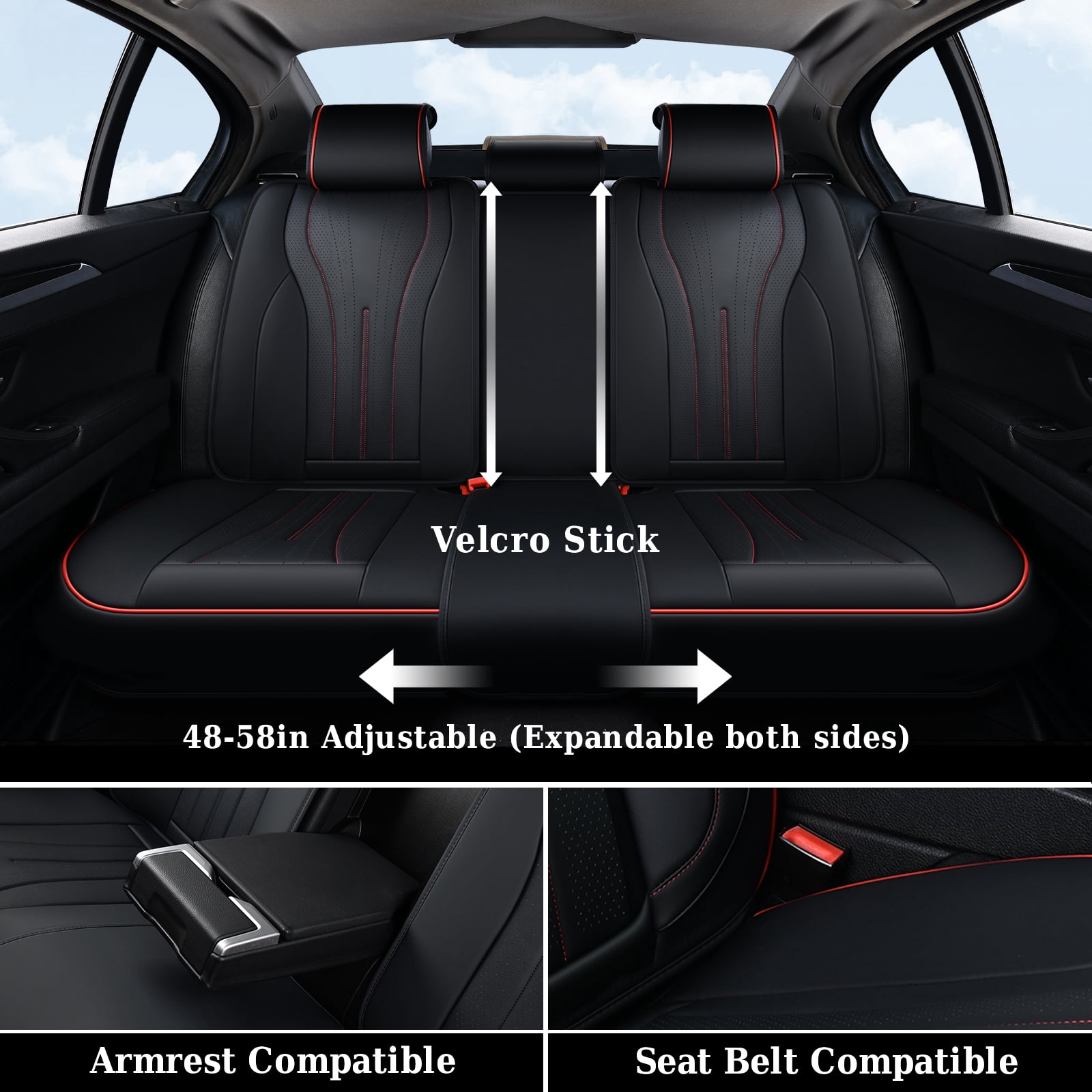 Coverado Full Set Car Seat Covers, Waterproof Faux Leather Front and Rear Seat Protector, Breathable Seat Cushions Universal Fit for Most Cars, Black&Red