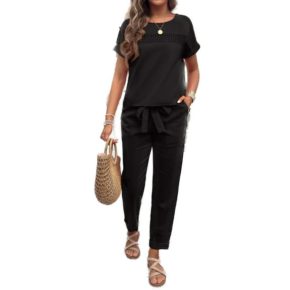 Women's Linen Pant Set 2 Piece Summer Tie Waist Matching Outfit Crochet Short Sleeve Shirt Pants Suits Casual Soft Fashion Straight Leg Black Medium