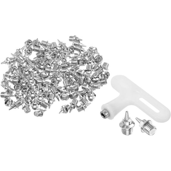 1/4 Inch Steel Track Spikes, 100 Pack Sports Shoes Spikes Replacement Accessories with Spike Wrench for Long Jumping Running, Silver Tone