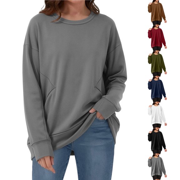TKLPEHG Solid Color Crewneck Sweatshirts Women With Pocket Long Sleeve Loose Fit Tunic Sweatshirt Casual Pullover Fall Clothes (Navy,XXXL)