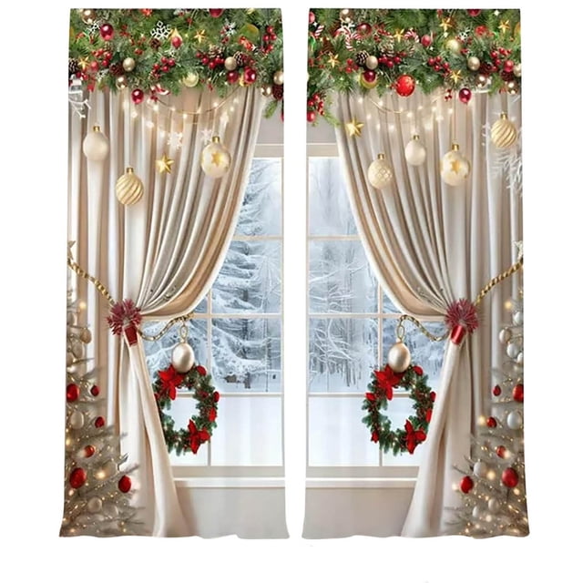 Aodebiao Rideaux Couronne Boule de Noël Rideaux Décoratifs d'Extérieur Rideaux Imprimés Robustes pour Fenêtre Porte Patio Décorations de Noël