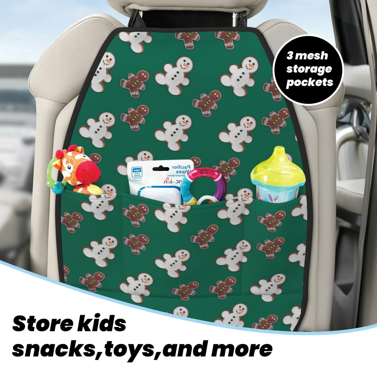 Xecao Gingerbread Snowman Cookies Pattern Car Seat Back Protector 2 Pack Large Capacity Pocket, Kick Mats Back Seat Protector