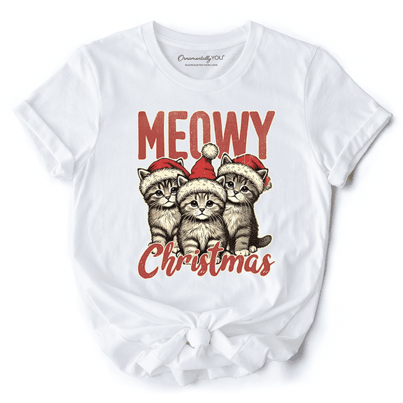 Cute Meowy Christmas T-Shirt, Baby Cat In Santa Hat Holiday Tee