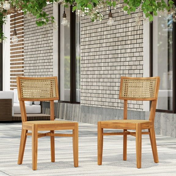 Christopher Knight Home Outdoor Patio Wicker Dining Chairs with Wood Frame, Teak Finish Light Brown, Set of 2