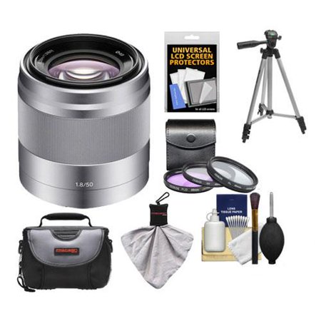 Sony Alpha NEX E-Mount 50mm f/1.8 OSS Lens (Silver) with 3 UV/FLD/PL Filters + Case + Tripod Kit for A7, A7R, A7S Mark II, A5100, A6000, A6300