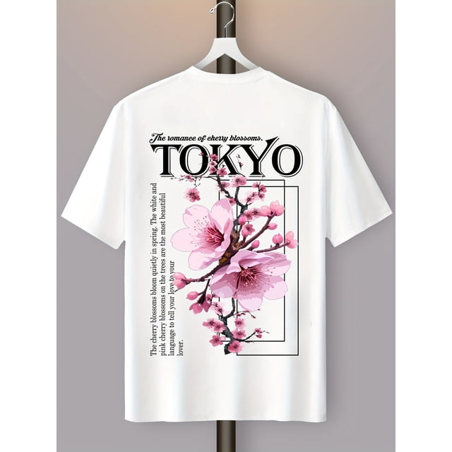 Travel) Men's Casual Cherry Blossom Graphic Tee Comfortable Cotton, Short Sleeve, Round Neck, Lightweight & Breathable for Summer Outings, Everyday T-shirt | Sakura Print Tee | Comfortable Fit