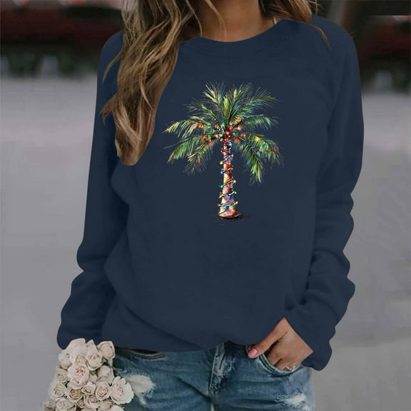 Ailaofu Christmas Palm Tree Sweatshirt for Women Funny Hawaiian Beach Tropical Xmas Pullover Long Sleeve Christmas Shirt Top
