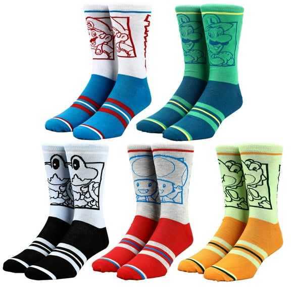 Super Mario Split Mens Collectible  Crew Sock 5 pack