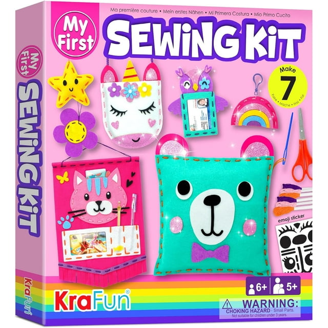SHIBA-My First Sewing Kit for Kids Age 5 6 7 8 9 10 11 12 Beginner Art & Craft, Includes 6 Easy Projects Dolls and Pillows, Instruction & Plush Felt Materials for Learn to Sew, Embroidery Skills