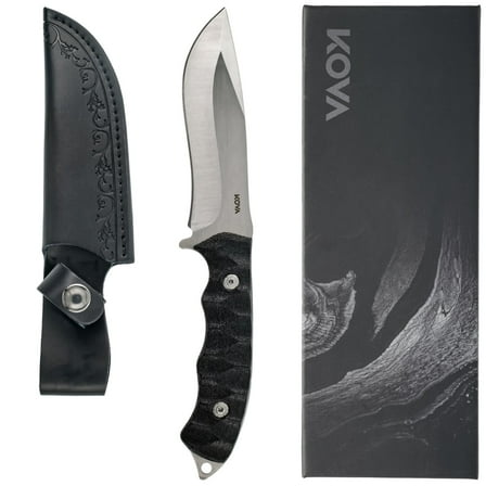 Kova Eclipse Fixed Blade Knife – 4.25″ Clip-Point Stainless Steel Blade with G10 or Carbon Fiber Handle, Leather Sheath – Survival Knife – 9″ Overall