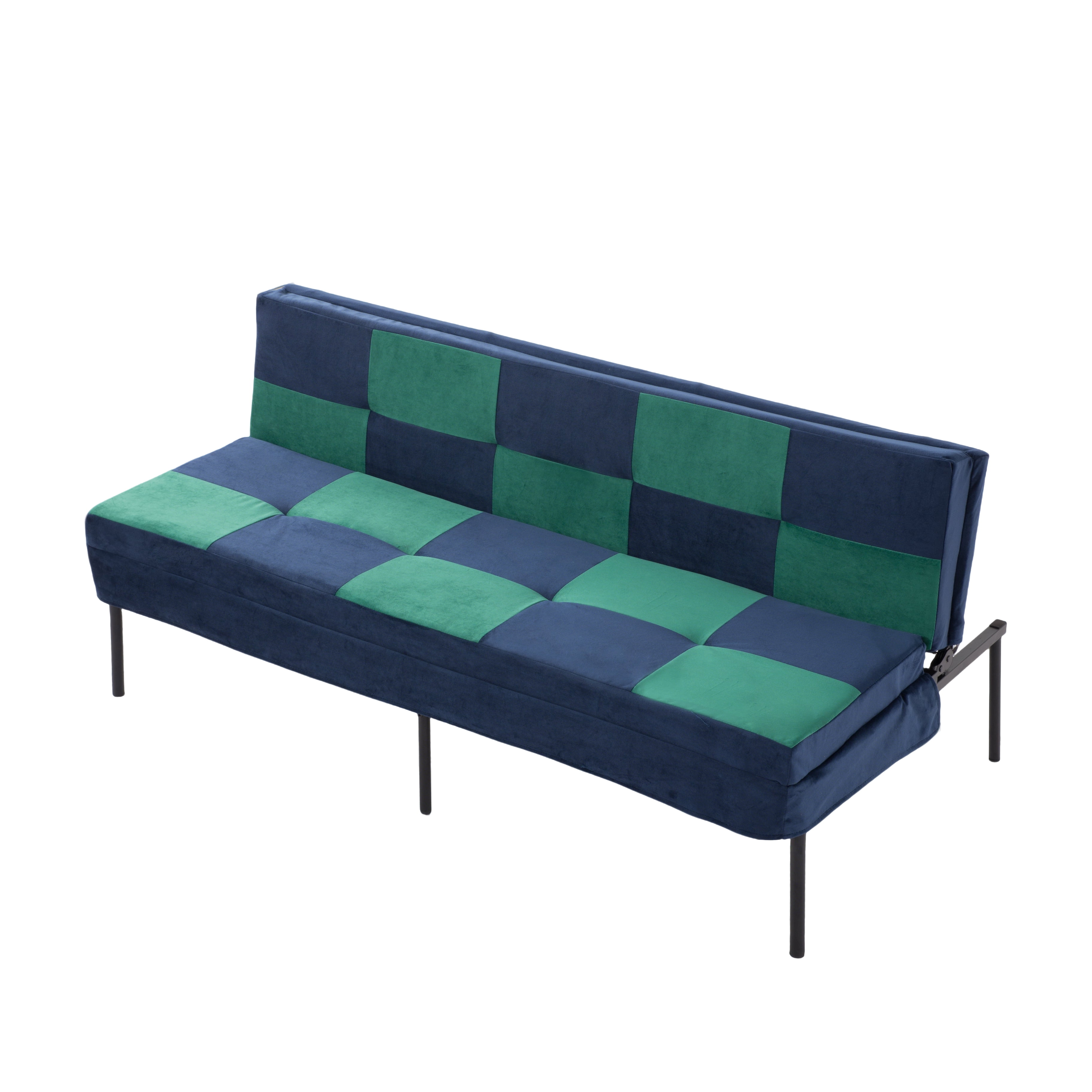BSHTI 63.39" Velvet Convertible Futon Sofa Bed with 5-Position Adjustable Backrest , Twin Size Couch Sleeper Sofa for Living Room, Bedroom, Dormitory Navy blue&Green