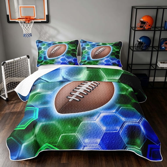 Manfei Boys Sports Bed Spread Queen, Football Game Queen Coverlet Set, Green Blue Brown, Black Reversible 3-Piece, 1 Quilt and 2 Pillowcases
