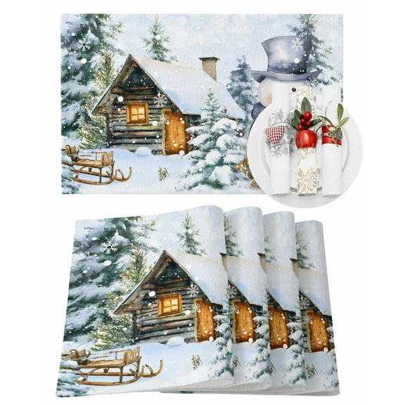 Christmas Placemats Set of 8 Winter Blue Snowman Xmas Tree Farmhouse Snow Scene Heat Insulation Washable Place Mats, Rustic Non-Slip Table Mats for Dining Table Party Kitchen Decor,13x19 Inch