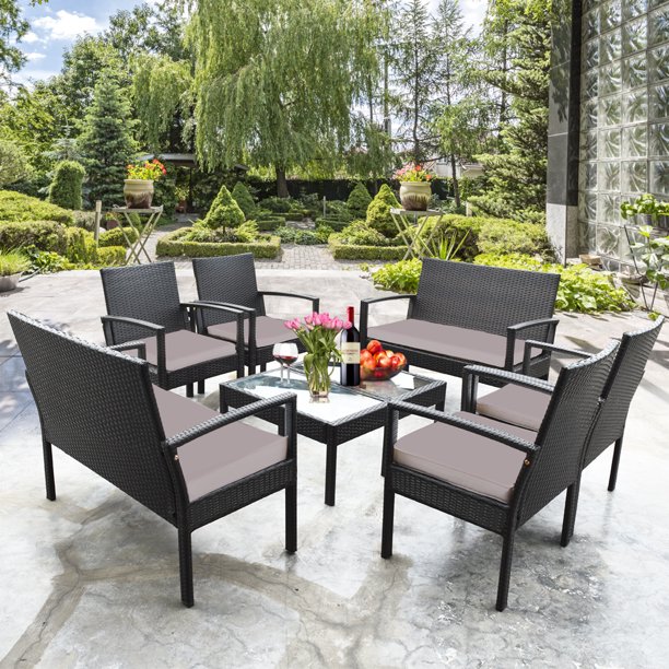 Gymax 8PCS Rattan Conversation Set Patio Outdoor Furniture Set w