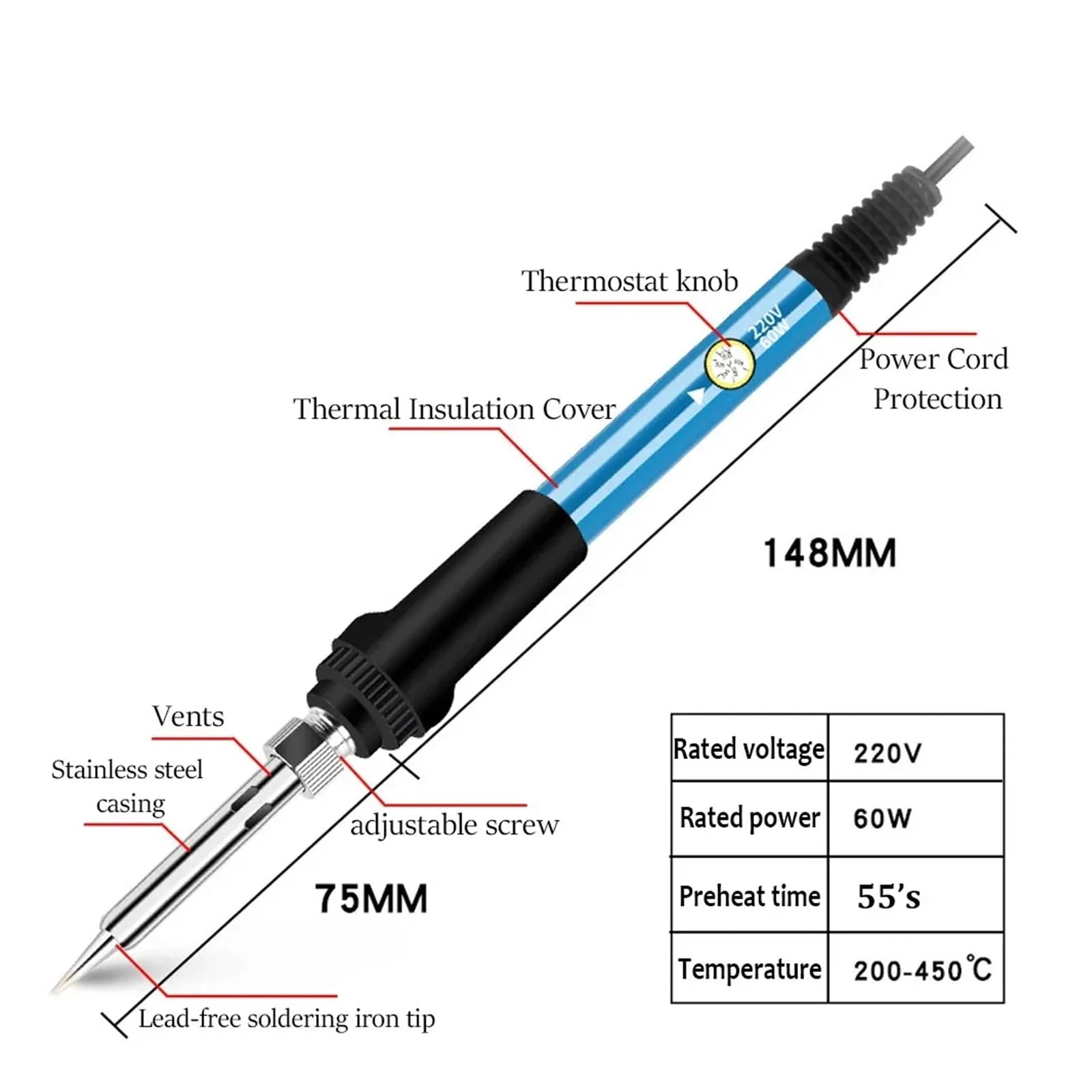 60W Adjustable Temperature Welding Solder Rework Station Heat Pen Tips Electric Soldering Iron for Repairing ,Internally Heated