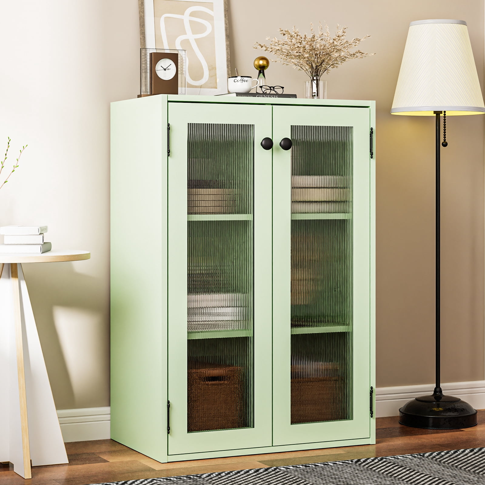 KZElegy Storage Cabinet 6 Cube Shelf with Glass Door ,Wall Mount or Freestangd Cabinet With Doors,11" Cube,Green