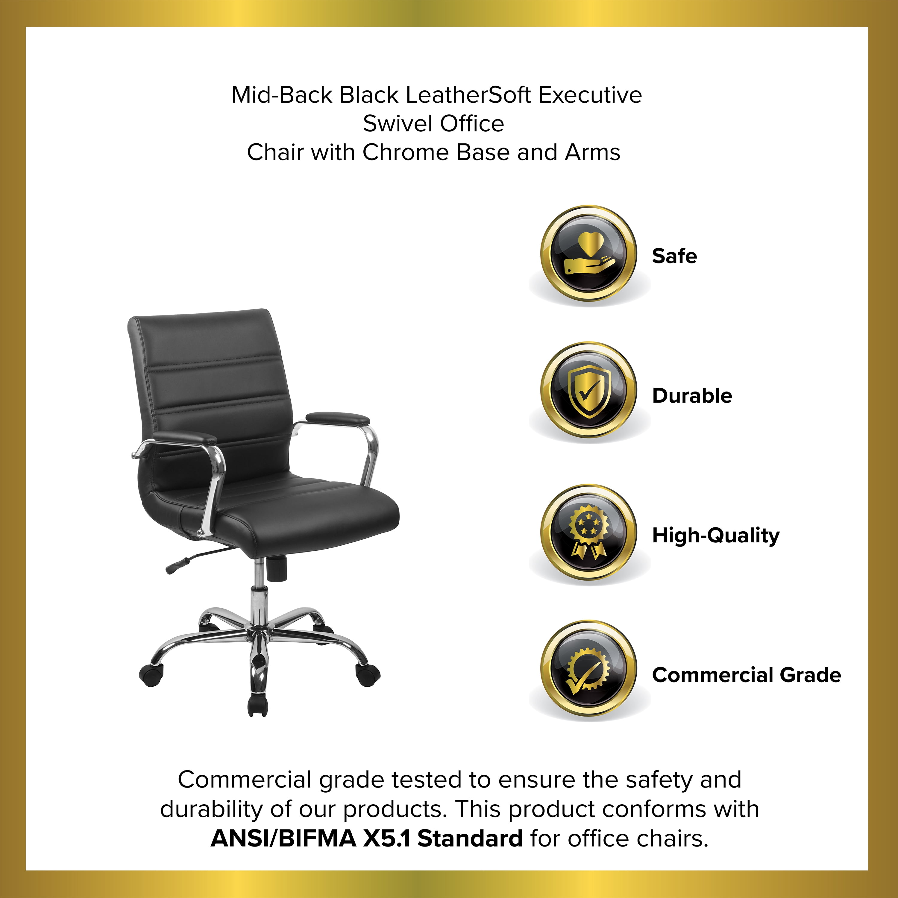 Merrick Lane Contemporary Mid-Back Black Faux Leather Home Office Chair with Padded Chrome Arms