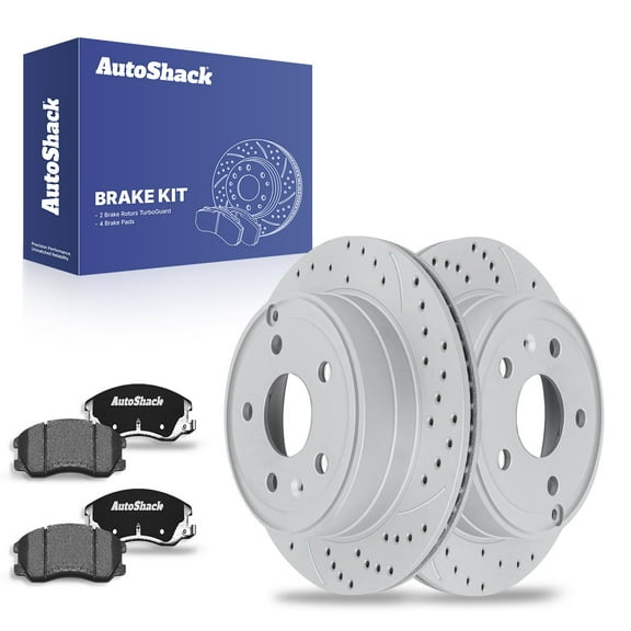 AutoShack 11.93" (302.9 mm) Rear Vented Drilled & Slotted Brake Rotors Coated   Ceramic Brake Pads | Replacement for 2010-2017 Chevrolet Equinox | Silver Matte Finish | 6-PC Brake Kit | TurboGuard