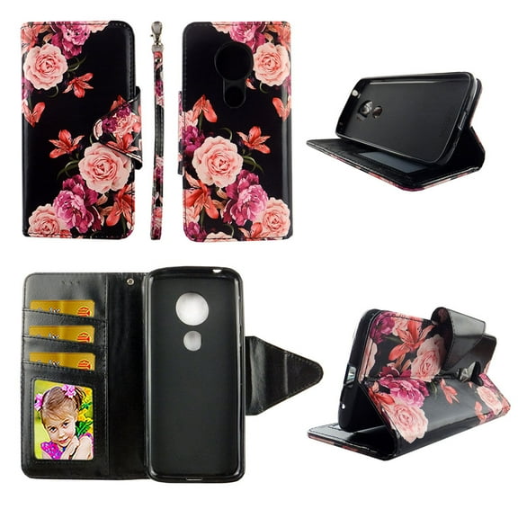 Pink Flower Black Wallet Case for Motorola Moto G6 Play / G6 Forge Folio Standing Cover Card Slot Money Pocket Magnetic Closure Fashion Flip Pu Leather