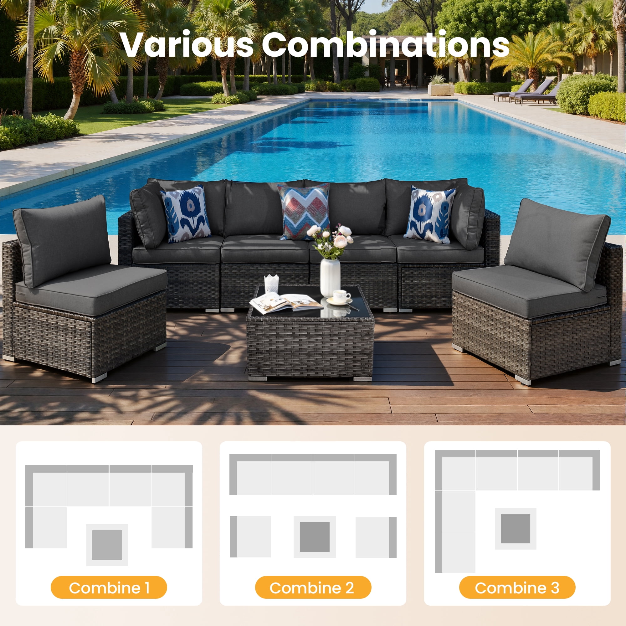 XIZZI 7-Piece Outdoor Sectional Patio Furniture Sets,Outdoor Conversation Set with Cushions and Coffee Table, All-Weather Wicker Patio set for Backyard, Garden-Black