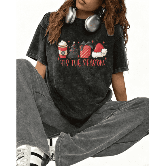 Women's Funny Vintage Tis The Season Christmas Icons Graphic Oversized Washed T-Shirt Black S-2XL Plus Size
