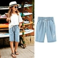 thumbnail image 2 of ZACPNCV Girls Bermuda Shorts Knee Length Straight Leg Long Shorts Loose Casual Solid Drawstring Elastic Waist Short Pants Blue 7-8 Years, 2 of 6