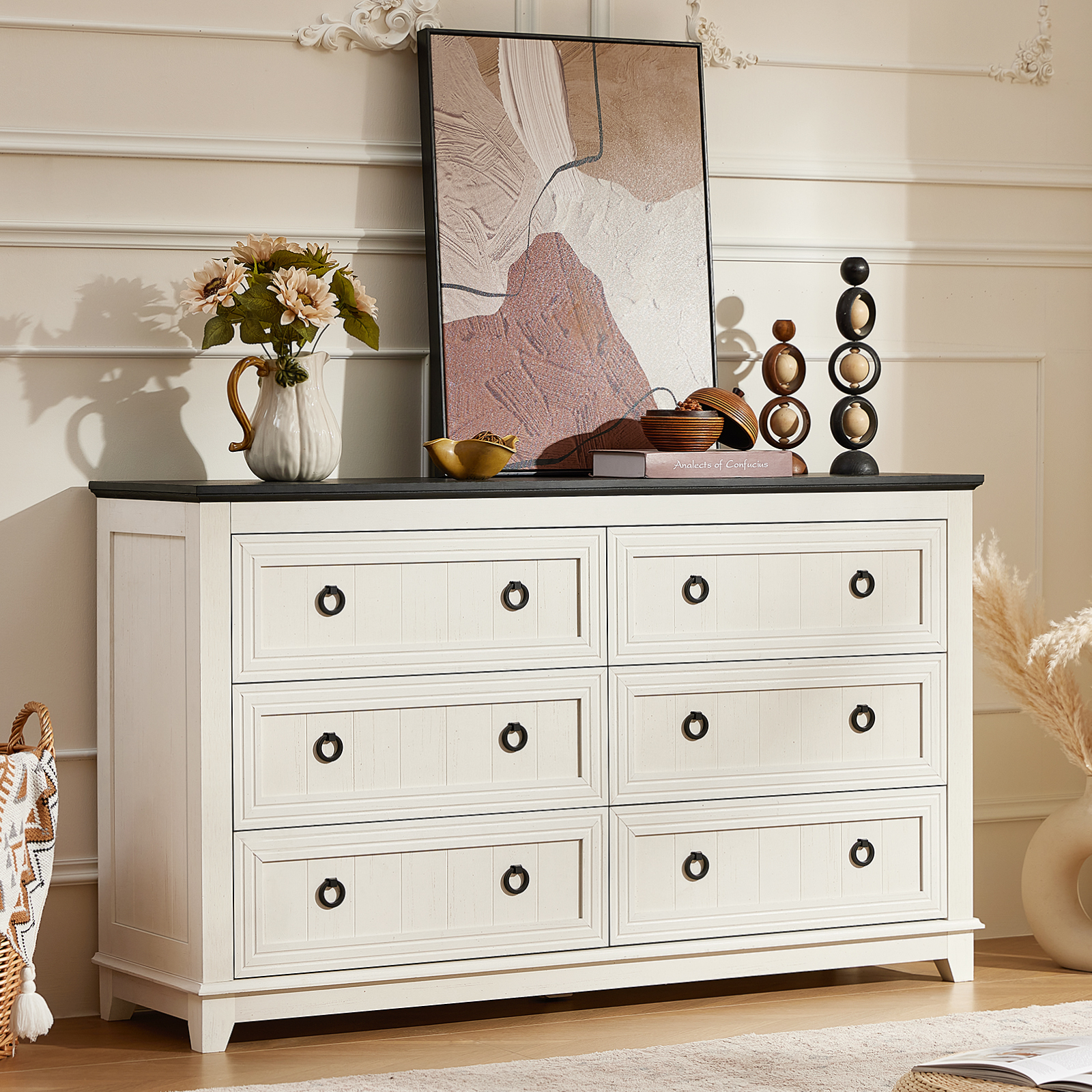 Joaxswe Dresser for Bedroom, Wide Dresser with 6 Drawers and Antique Handles, Chest of Drawers for Living Room, Entryway and Hallway, White