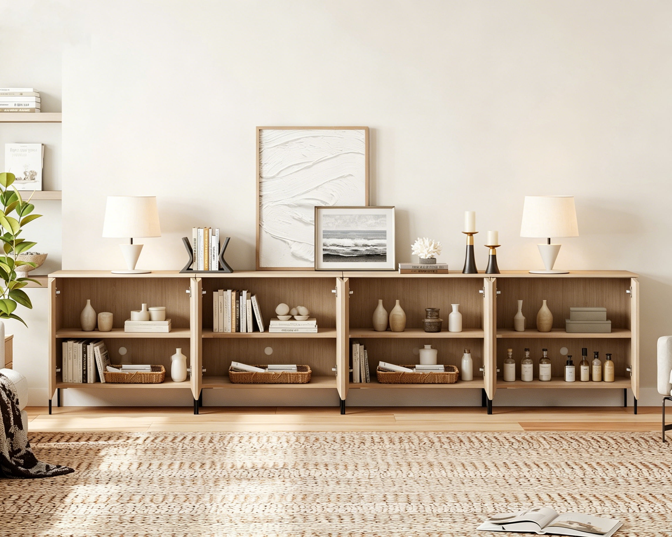 126" Modern Fluted TV Stand with 8 Doors, Entertainment Center with Adjustable Shelf, Wooden TV Console with Storage for Living Room