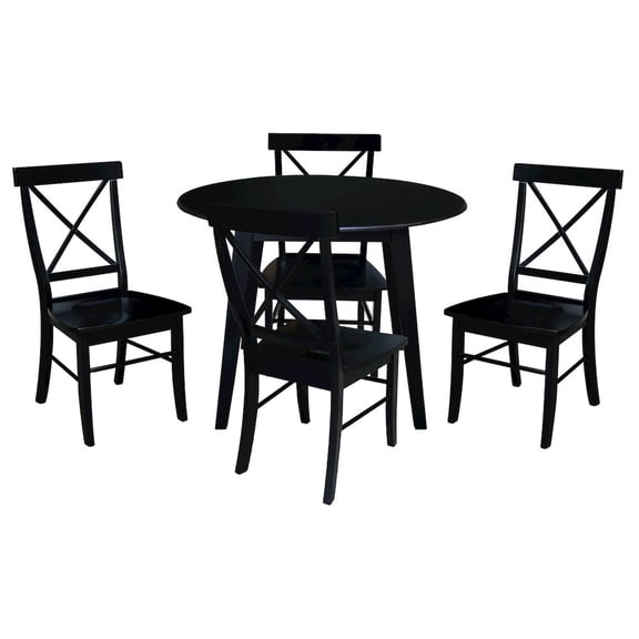 42" Round Solid Wood Dual Drop Leaf Table with 4 Chairs in Black
