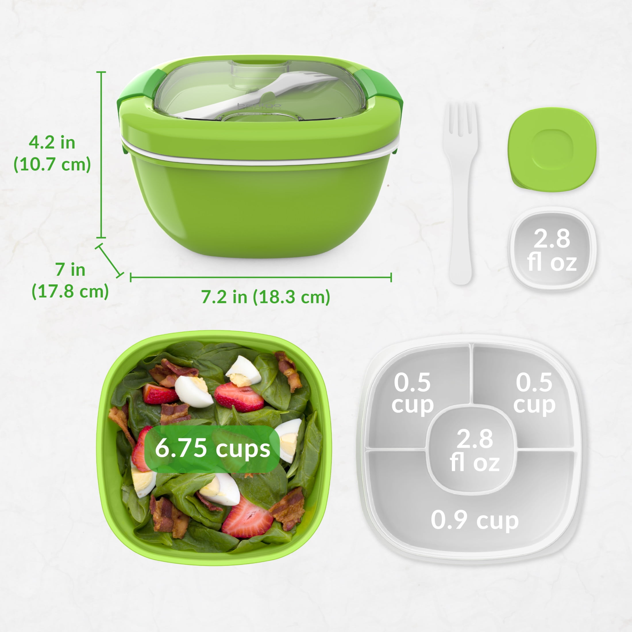 Bentgo Salad Container - 6.75 cup Bowl with 4-Compartment Toppings Tray, Leak-Proof Dressing Container, Reusable Fork, BPA-Free Lunch Box for Meal Prep & Food Storage; Removable Bento Tray (Green)