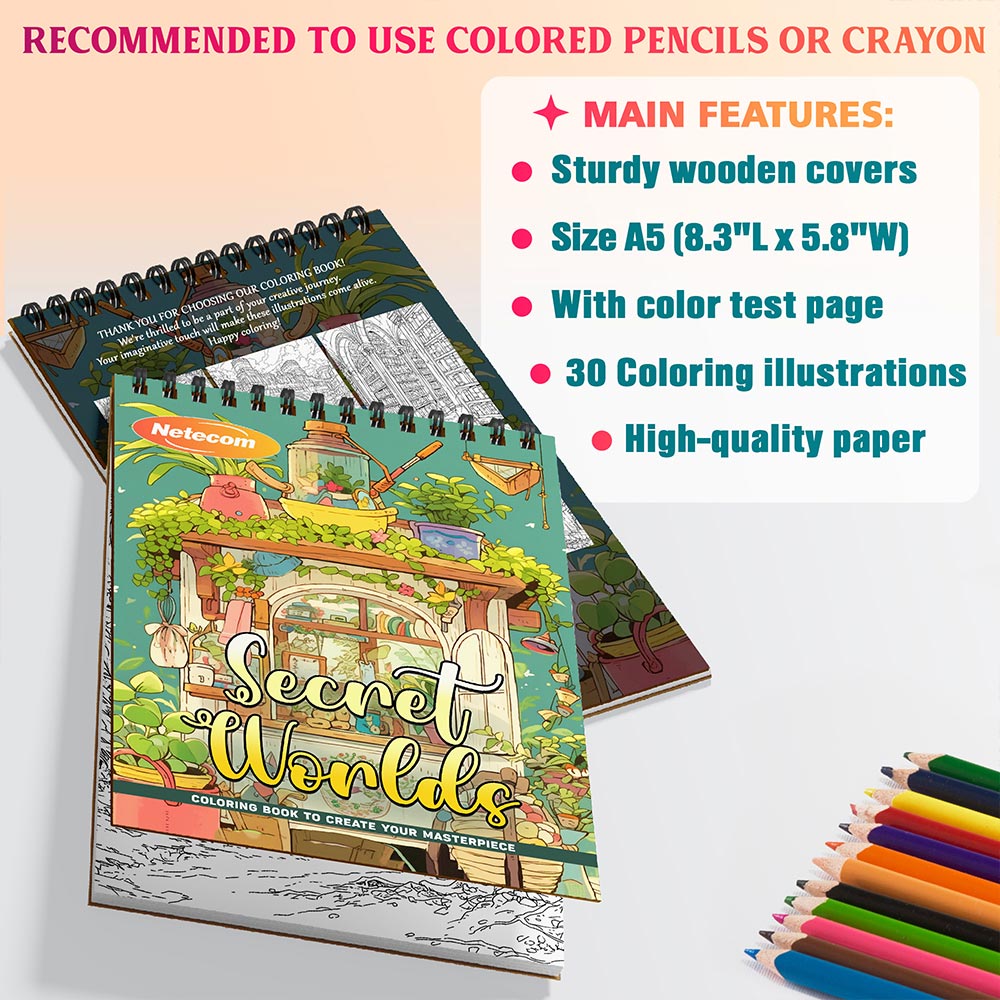 Netecom Secret Worlds Coloring Book Spiral Bound For Adults, A5 Wooden Cover, 30 Stunning Coloring Pages of Dreamlike Environments for Stress Relief and Relaxation